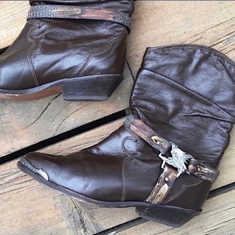 ZODIAC USA Boots Vintage Cowboy Western Gold Silver Eagle Rose Brown Leather 7.5